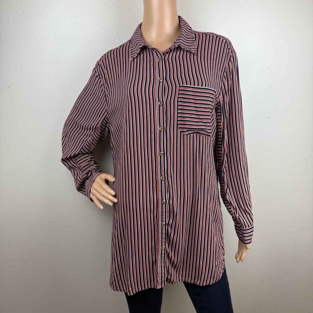 Maeve Anthropologie Adelaide Navy Red Striped Poplin Button Down Hi-Lo Sz Large